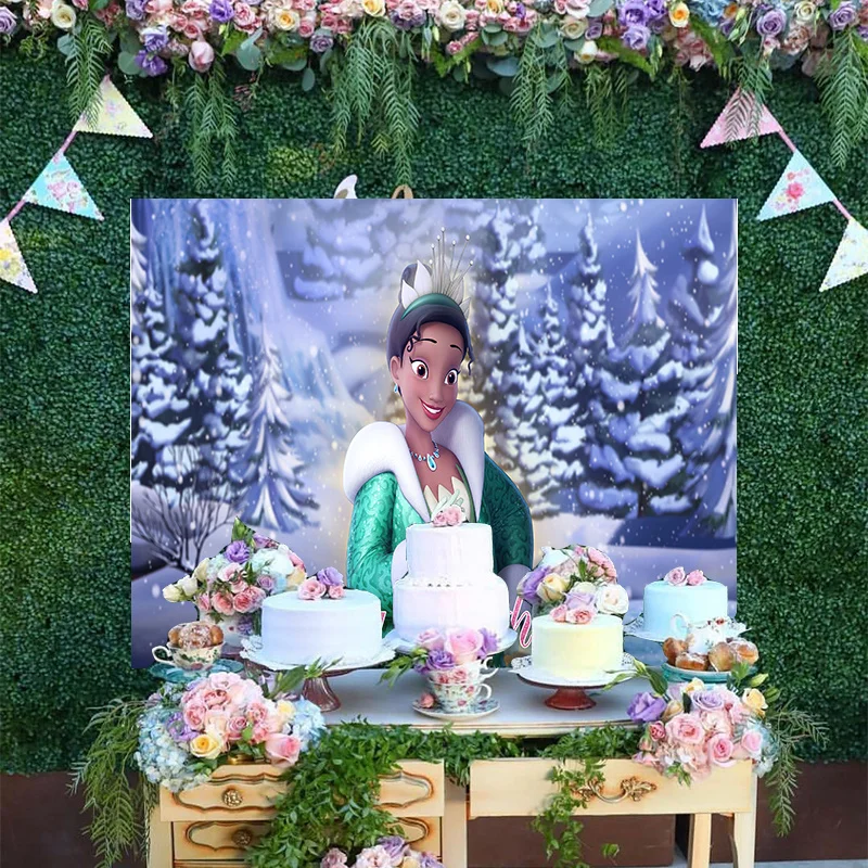 

Cartoon Disney Ice Forest World Photo Backdrop Green Dress The Princess and the Frog Tiana Birthday Party Decoration Background
