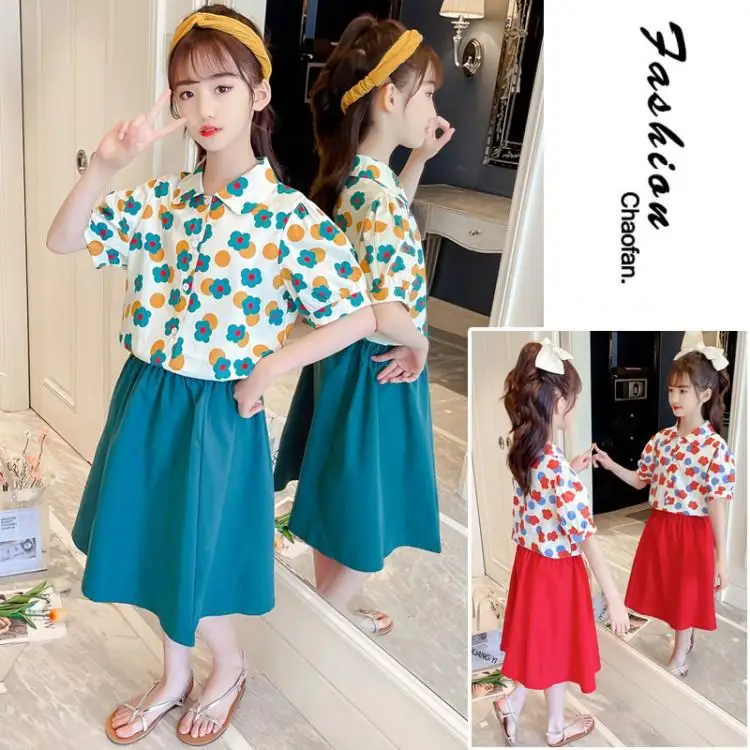 Summer Girl Sets Clothes Floral Tshirt + Solid Color Skirt Teen Girl  Casual Style Outfit Puff Sleeve Shirts Elastic Waist Skirt