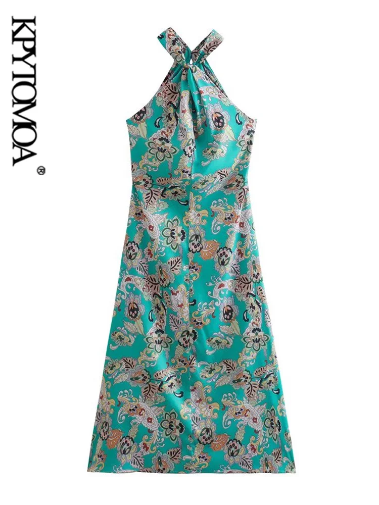 

KPYTOMOA женское модное платье миди с цветочным принтом с воротником хомутом Винтажное с открытой спиной на молнии с завязками женские платья ...