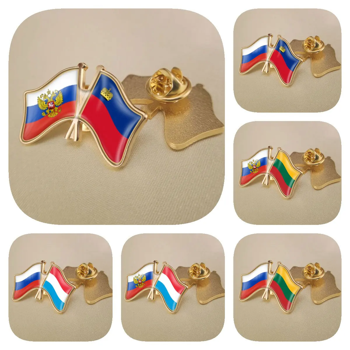 

Russian Federation and Liechtenstein Lithuania Luxembourg Double Crossed Friendship Flags Brooch Lapel Pins Badges
