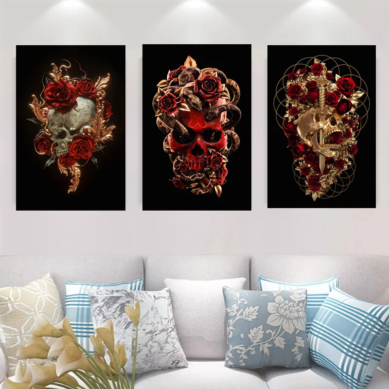 

Frameless Skull Rose Gothic Style Canvas Painting Wall Art Poster Hanging Painting Living Room Wall Painting Home Decor Painting
