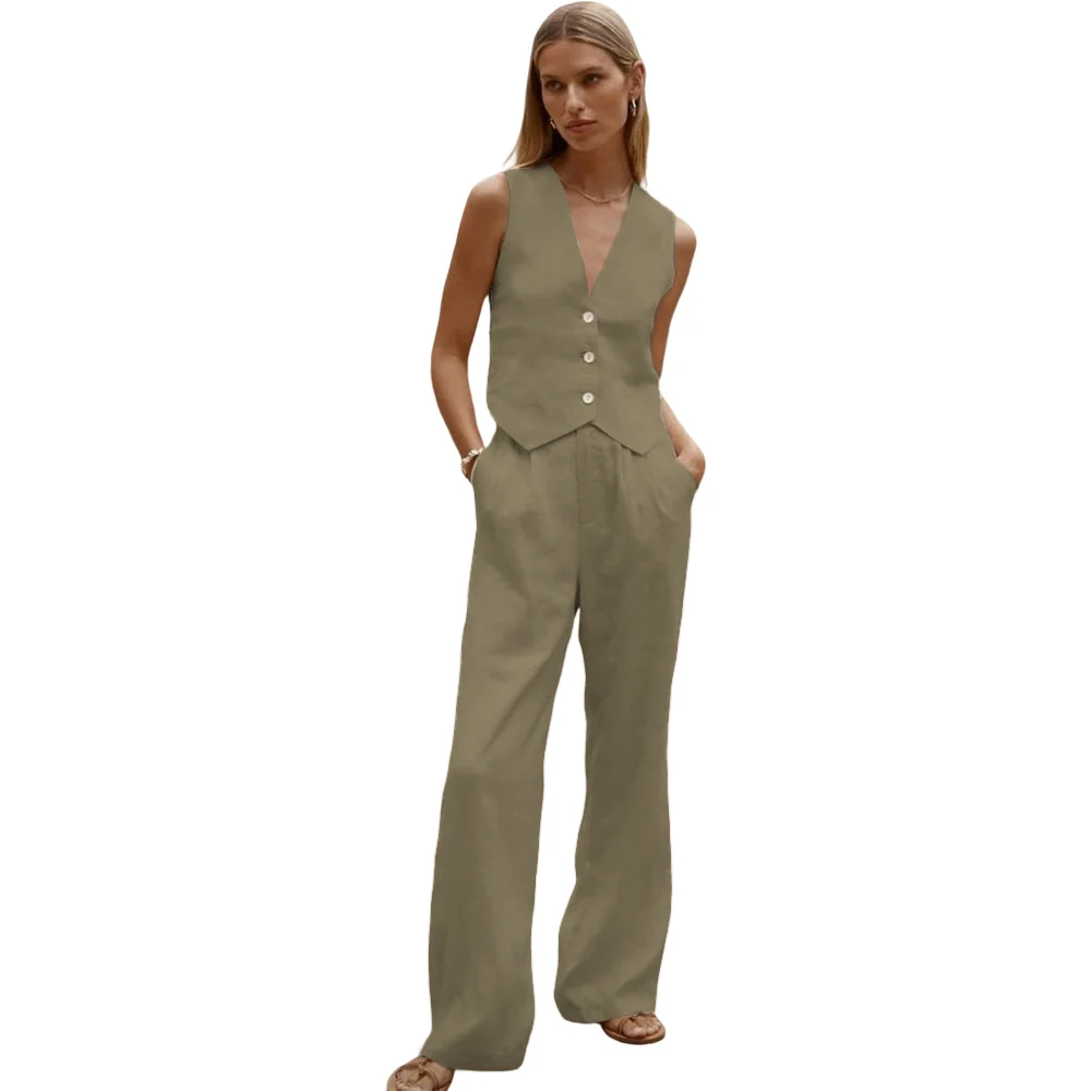 Summer Elegant Cotton Linen Women's Vest & Long Pants Set - Ideal for Office, Casual, Parties, Dances and Weddings
