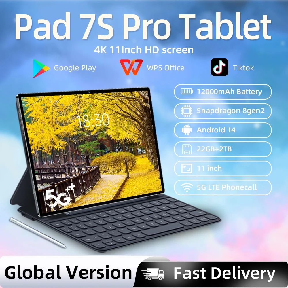 Фото Планшет 2026 Pad 7S Pro Global Edition, Snapdragon 8 Gen 3, Android 14, оригинальный планшет HD 4K, 22 ГБ + 2 ТБ, Dual SIM, 5G, Wi-Fi, GPS, WPS №1