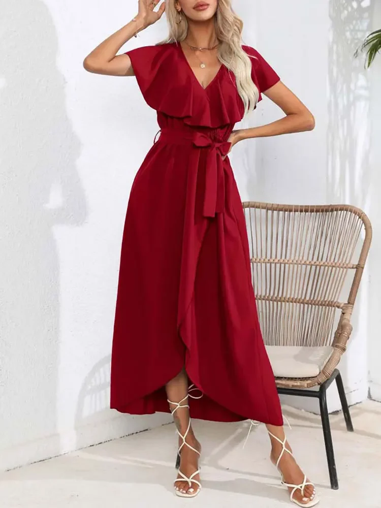 

2023 Летнее Длинное платье с оборками, женские платья без рукавов, Женское Платье макси с V-образным вырезом