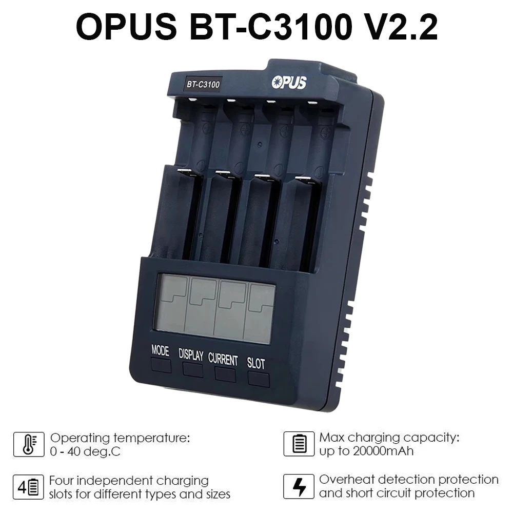 Фото Стандартное зарядное устройство Opus BT-C3100 V2.2, цифровое интеллектуальное 4-слотовое зарядное устройство типа AA/AAA с ЖК-дисплеем, детали инструментов №1