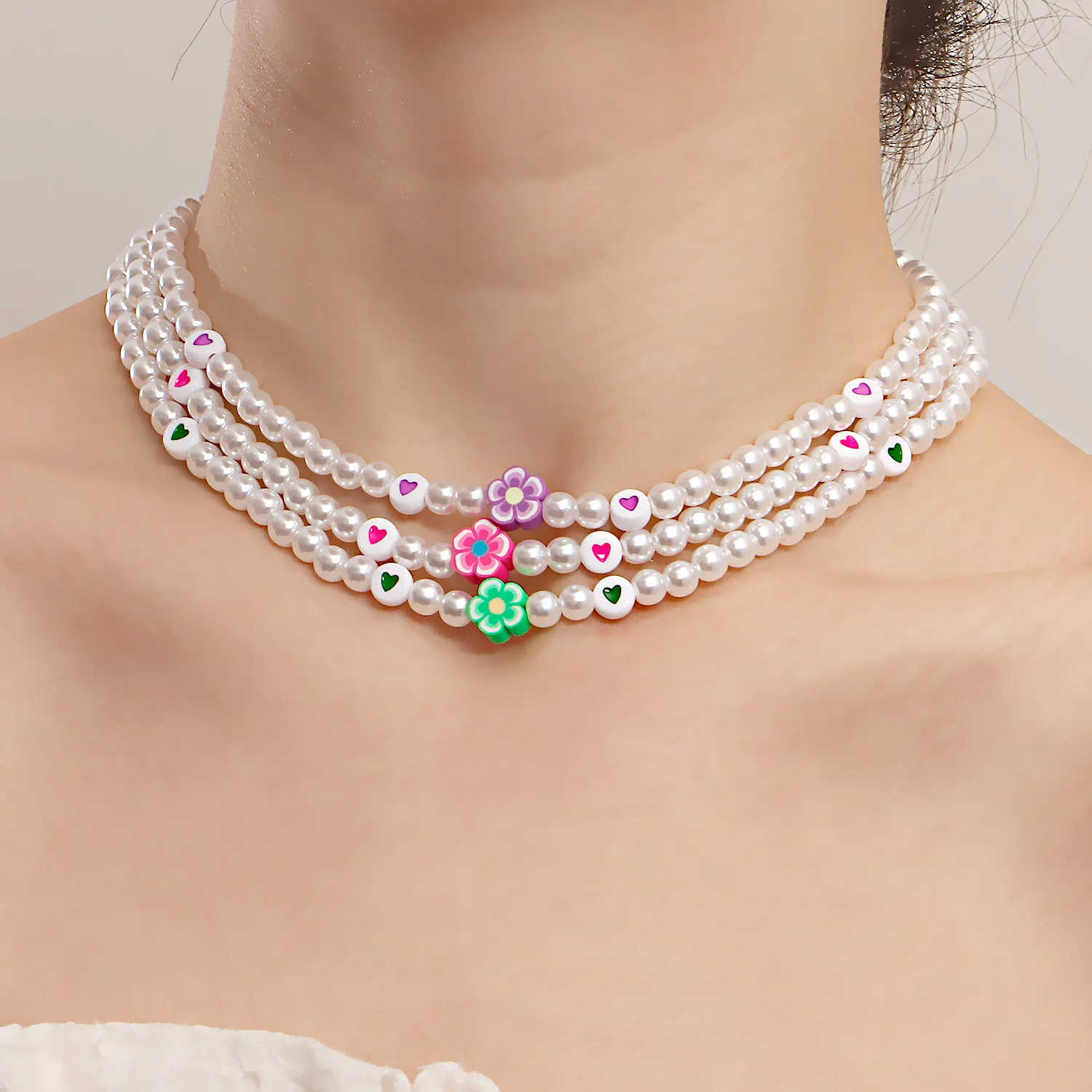 

Fashion Pearl Strand Beaded Necklace for Women Colorful Clay Flower Heart Beads Choker Collar 00s Style Y2K Party Jewelry Gift