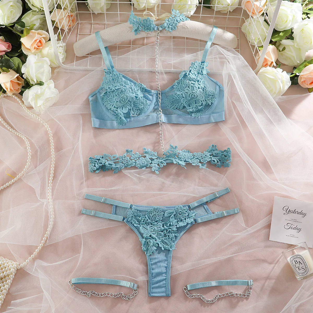 

Sexy Blue Flower Fancy Underwear Women Set Lace Intimate Outfits Female Lace Lingerie with Chain Halter Bra and Panty Sets