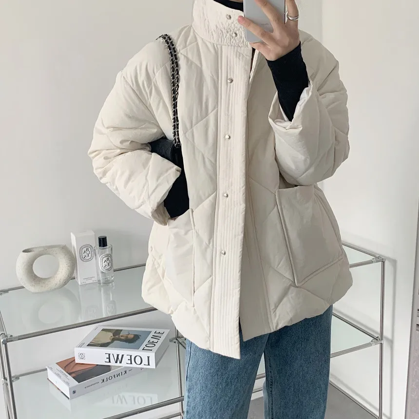 2021 New Cotton Solid Coat with Belt, Ladies Loose Pocket Bubble Thick Down Jacket Ladies Jackets Keep Warm In Autumn and Winter