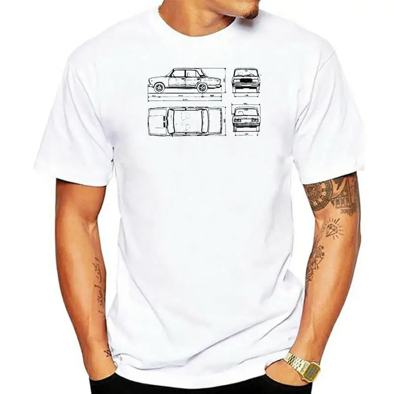 

0403E Male Best Selling T Shirt Lada 2107 1982 Blueprint Mens T Shirt Classic Car Autovaz Russian Summer Tee Shirt 031390
