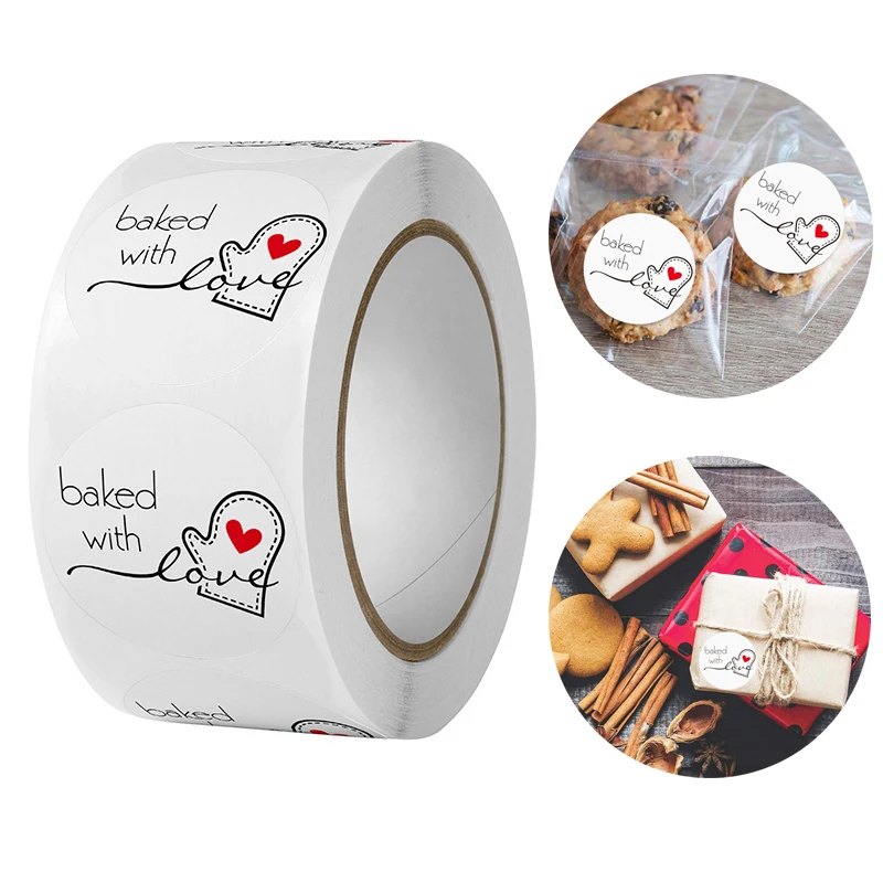 

Baked With Love Stickers 500Pcs Seal Labels Roll Sticker For Package Scrapbook Stationery Gift Handmade Sticker Bakery Supplies