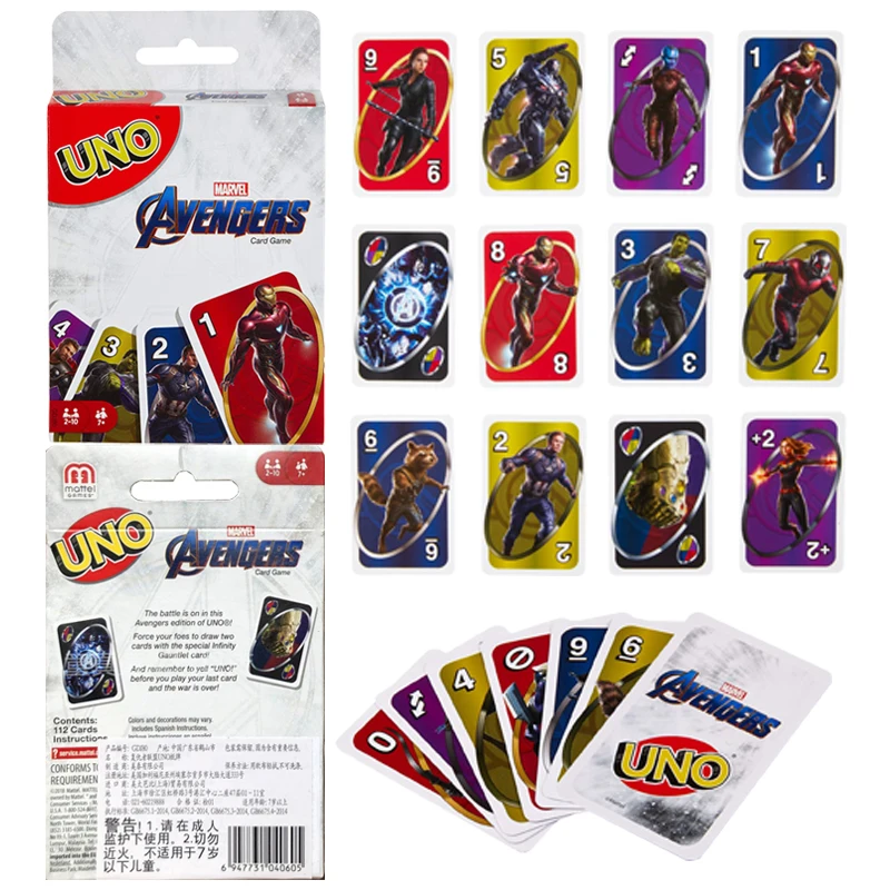 

The Avengers Uno Board Game Anime Action Figure Mattel Playing Cards One Marvel Fun Poker Carded Games UNOS Gift Box