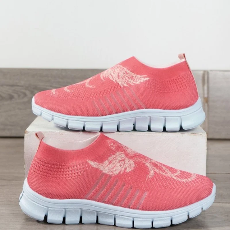 

New Women's Sports Shoes Mesh Hollow Printing Comfortable Breathable Thick Bottom Loafers Ladies Vulcanized Shoes Plus Size