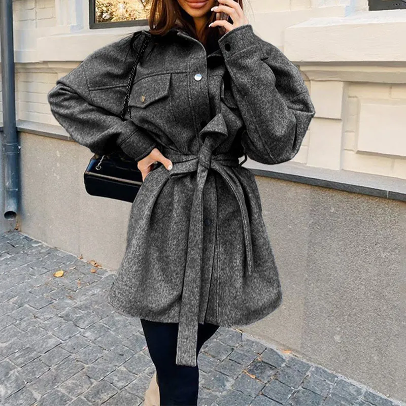 Women Loose Lapel Woolen Jacket Coat with Belt 2023 Fashion Vintage Long Sleeve Side Pockets Female Outerwear Chic Overcoat Warm
