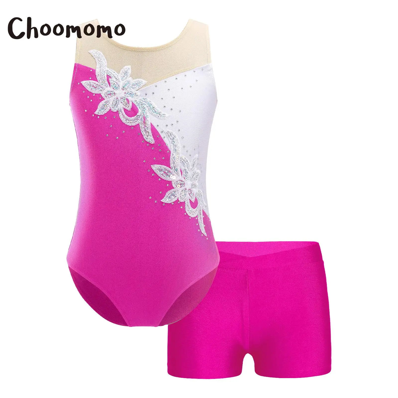 

Choomomo Kids Girls 4-14 Sleeveless Skating Dance Leotards and V-front Shorts with Sequins Rhinestones Adorned Decor Gymnastics