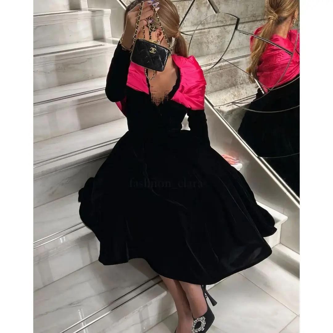 

Black pink Cap Sleeves Evening Dresses V Neck Tea Length Saudi Arabic Prom Gowns Women Formal Party Dress