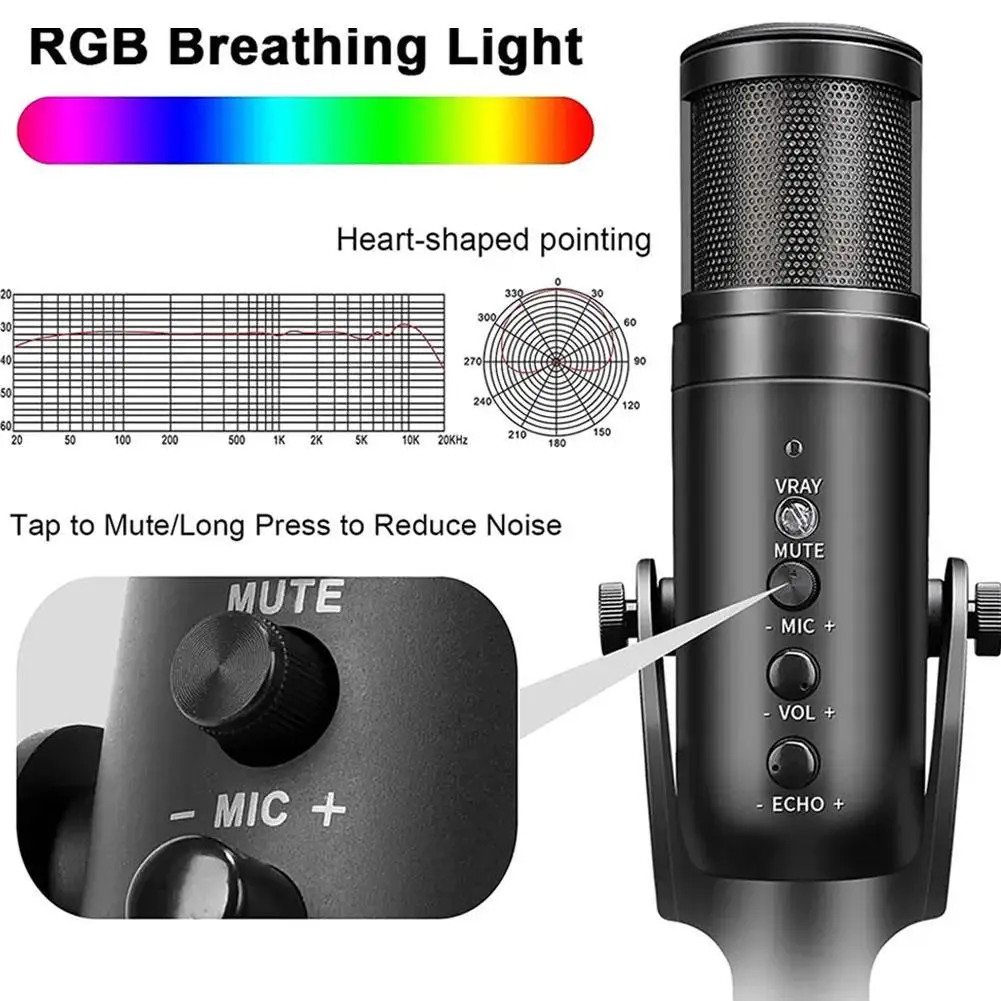 

RGB USB Microphone Professional Condenser Microphones For PC Computer Laptop Phone Recording Singing Gaming Streaming Micro