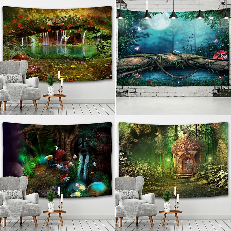 

Fluorescent Mushroom Castle Wall Hanging Tapestry Nature Art Stars Galaxy Rug Magic Forest Tree Tapestry Customizable