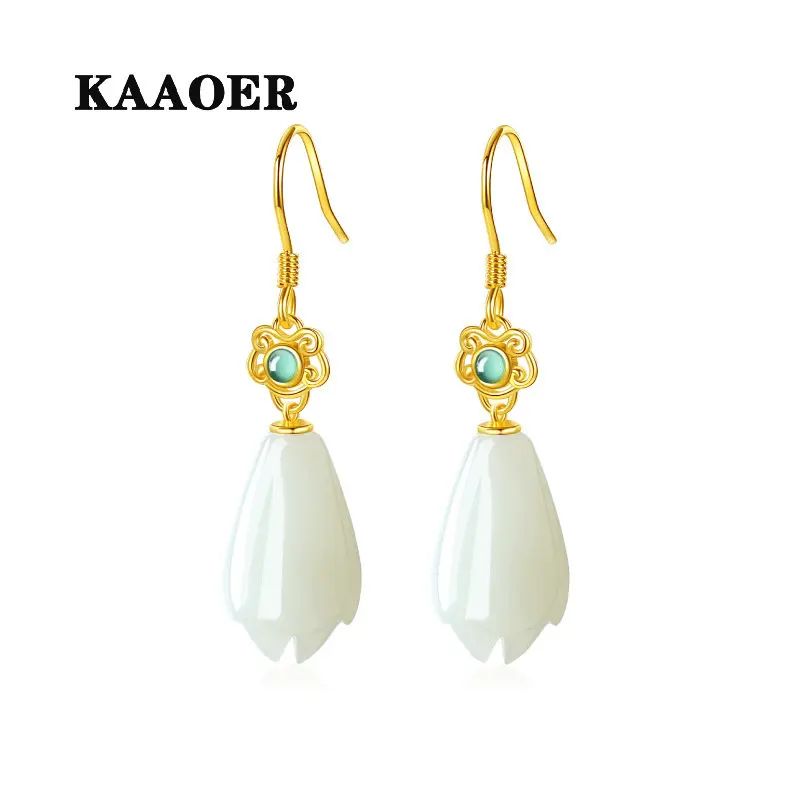 

KAAOER 2022 NEW 100% S925 Created natural Hetian jade yulan Qinxin flower earrings retro women's Mother's Day gift earrings