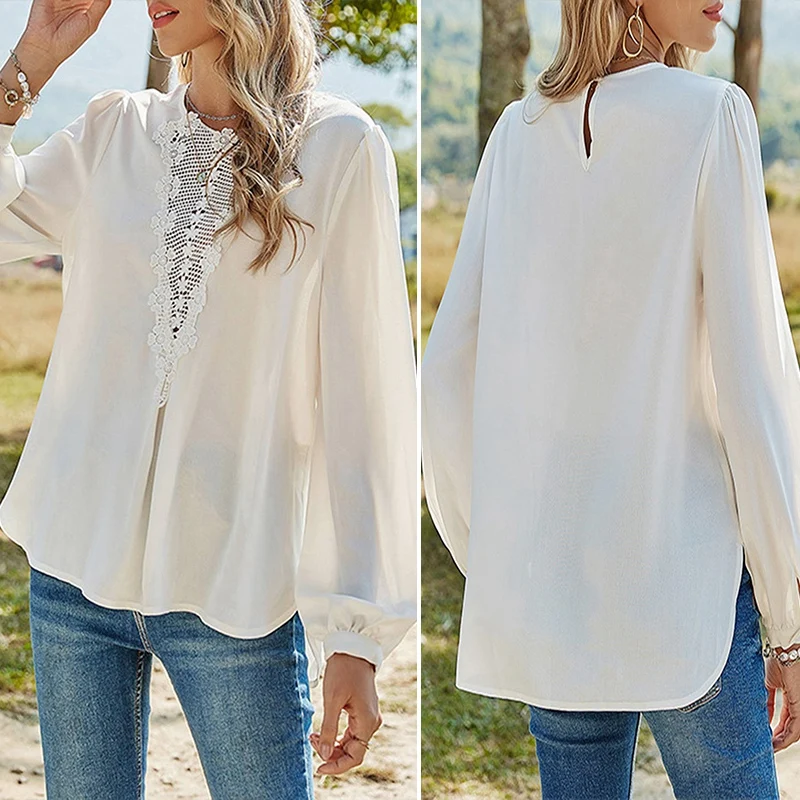 

Women's Hollow Flower Lace Shirt Stitching Solid Color Casual White Shirt