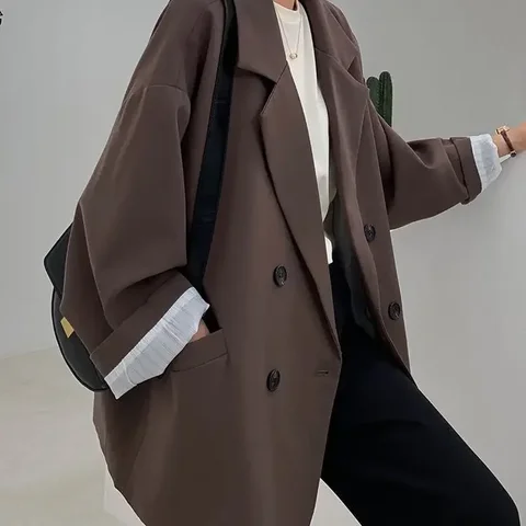 Novo 2025 vintage solto feminino sólido blazer outono chique duplo breasted feminino manga longa terno jaquetas elegantes senhoras blazer