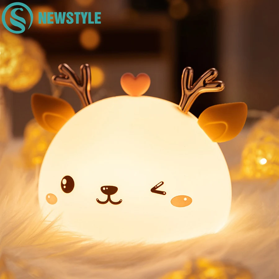 Colorful Deer Night Light Silicone Touch Sensor Cute Animal Soft USB Rechargeable Lamps for Children Bedroom Baby Christmas Gift