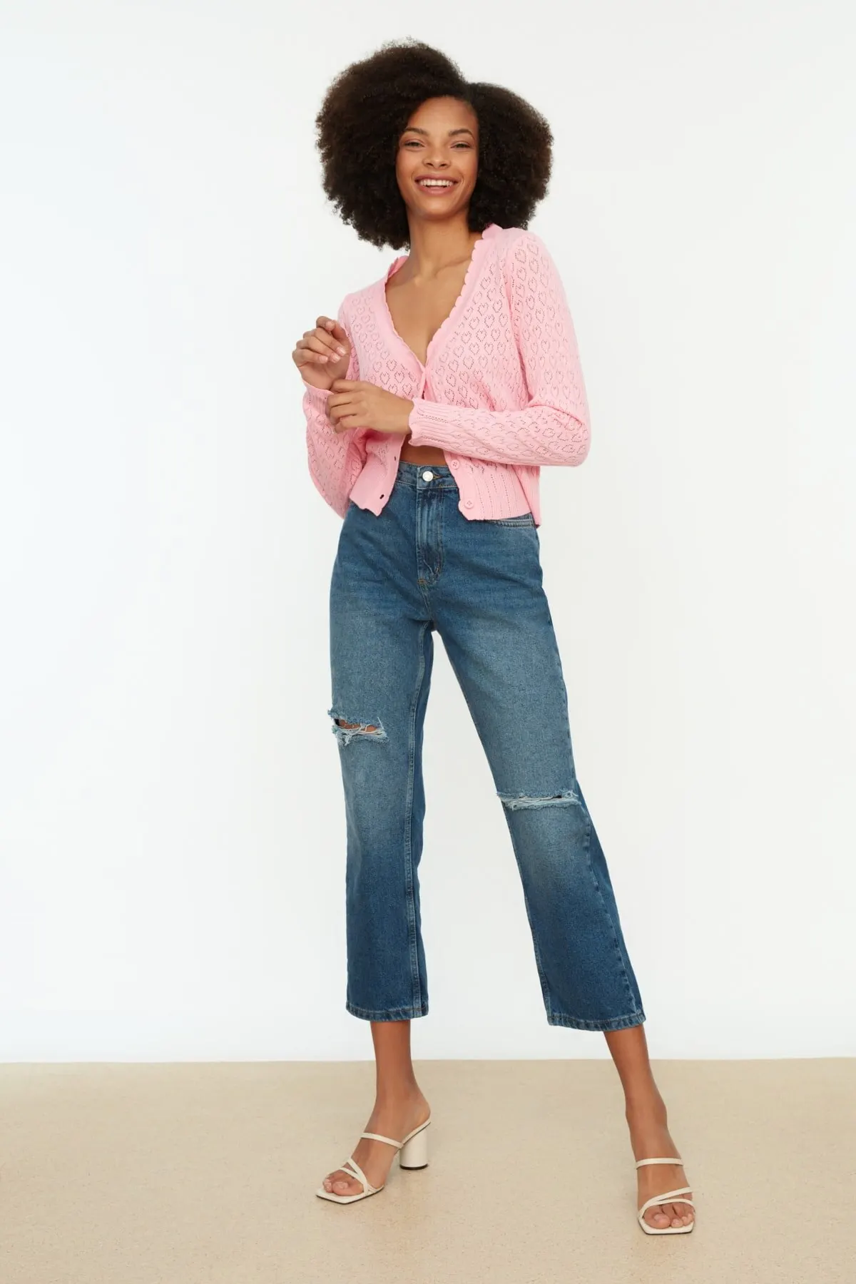 

Women's Jean Blue Ripped High Waist Straight Full Length Straight Pant Streetwear Female Buttons Zipper Ladies