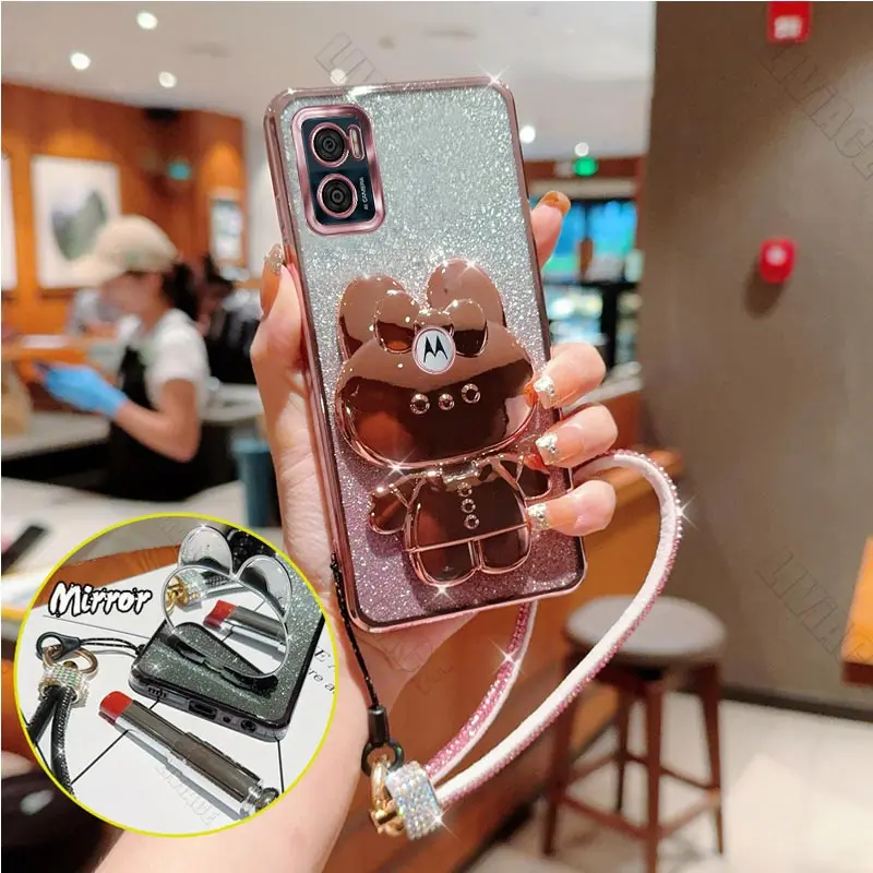 E 7 чехол-держатель с блестящим зеркальным ремешком и кроликом для Motorola Moto E7 Plus Power