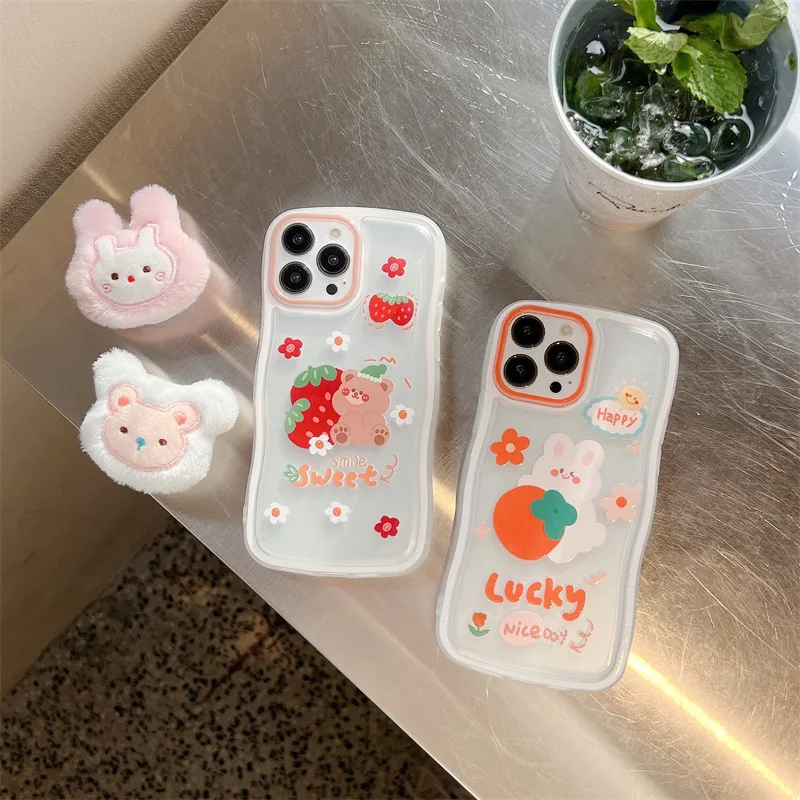 

Wave Strawberry Bear Plush Bracket Phone Case Cover for IPhone 14 Plus 11 12 13 14 Pro Max Shockproof Cases for IPhone 14 Case