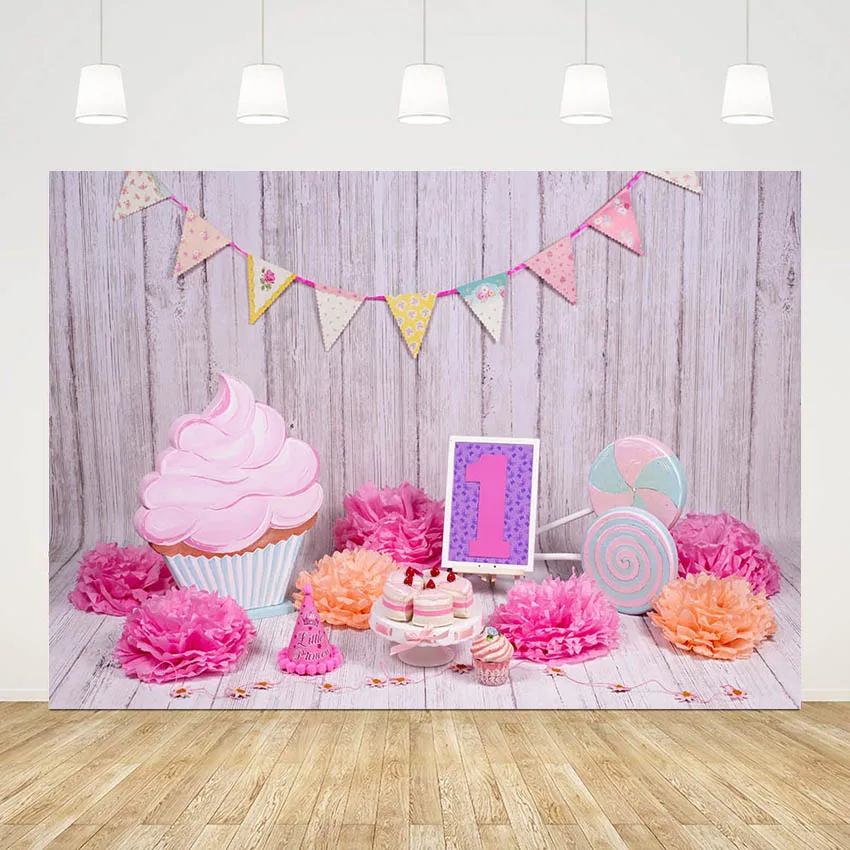 

Mehofond Photography Props Backdrops Wooden Board Cupcake Lollipop Girl 1st Birthday Cake Smash Decor Photo Background Studio