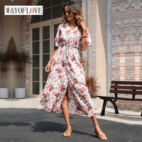 wayoflove summer woman elegant long dress party casual beach holiday single breasted button vestidos flower print v neck dresses