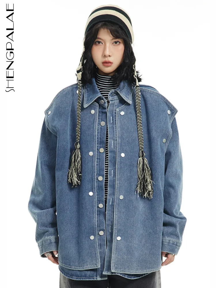 

SHENGPALAE Fake 2 Piece Women Denim Coat 2023 Autumn New Fashion Patchwork Multi-button Streetwear Outwear Loose Jacket 5R4652
