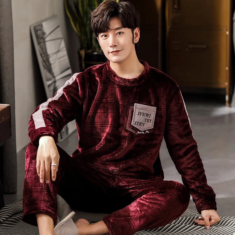 2022 Winter Korean Loose Long Sleeve Thick Warm Flannel Pajama Sets for Men Coral Velvet Sleepwear Pyjamas Homewear Home Clothes