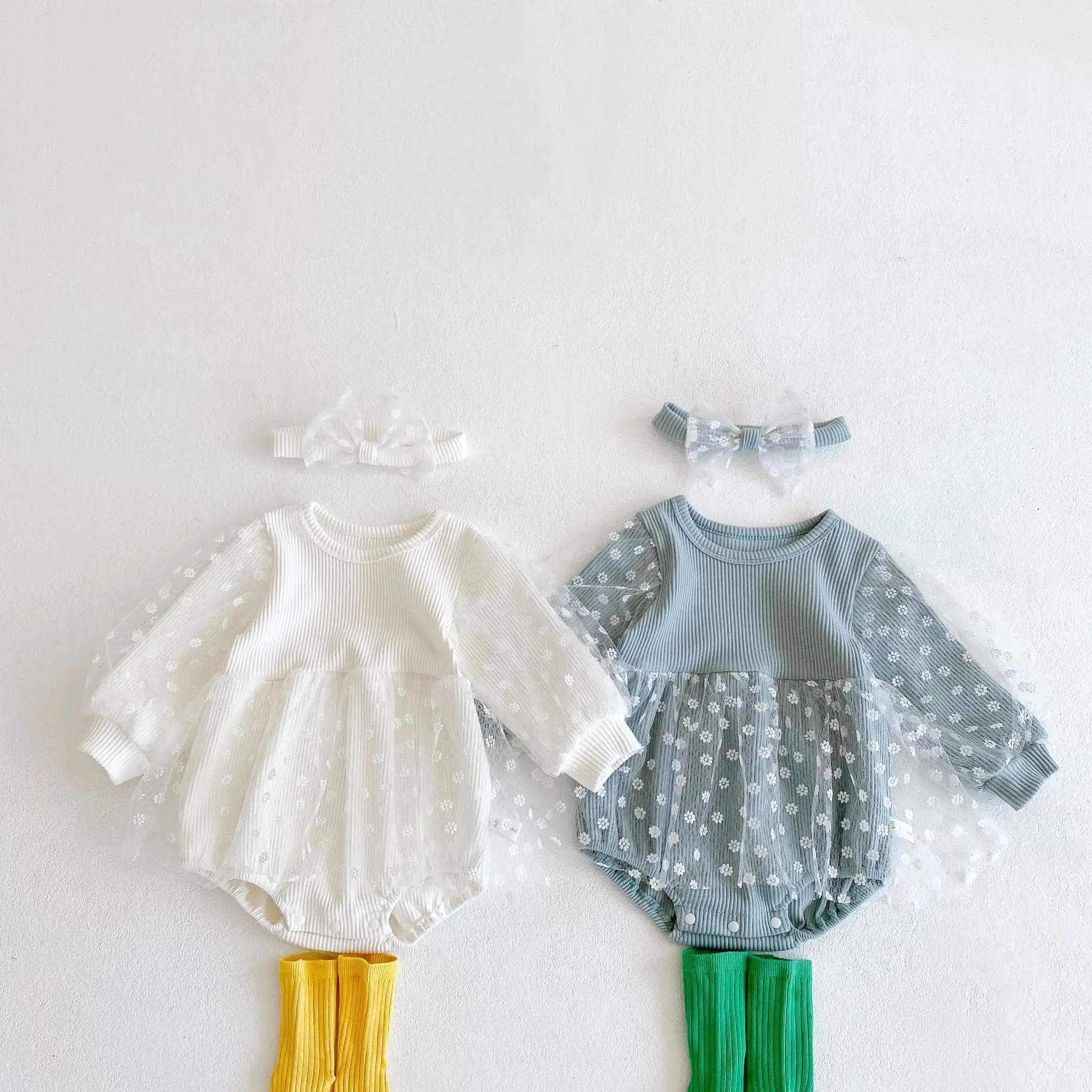 

Newborn Toddler Baby Girl Long Sleeve Floral Mesh Romper+Hair Band 2pcs Autumn Jumpsuit Sweet Princess Girl Romper Clothes