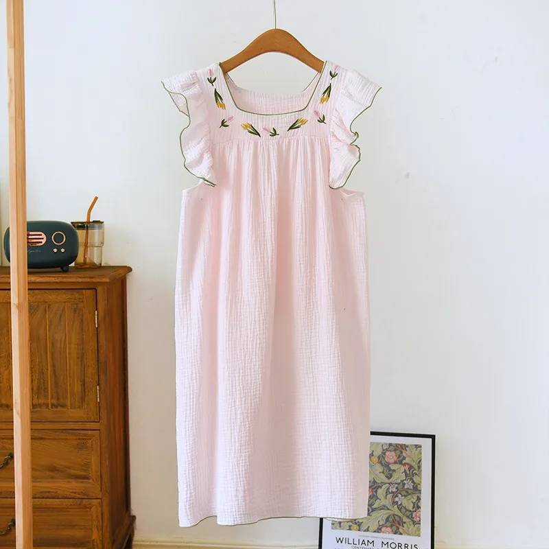 Spring and summer sling nightgown female cotton double thin cotton vest dress big yards pajamas household to take