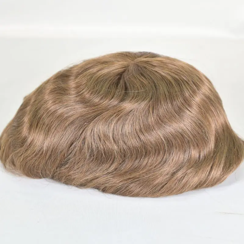 Pwigs Men's Toupee Durable PU Skin Base with Soft Swiss Lace Hairpiece 100% Human Hair for Men 7# Light Brown System