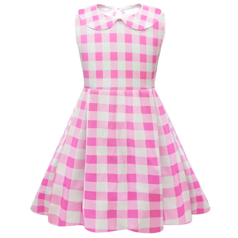 

Pink And White Halters Sleeveless Dress Multi-style Children's Plaid Dress, Summer Dress For Girls