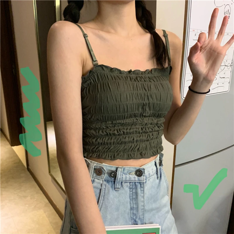 

Camisoles Women Summer Pleated Fungus-line Adjusted-strap Sexy Solid Womens Korean Style Tank-tops Fashion Outwear Skinny Chic