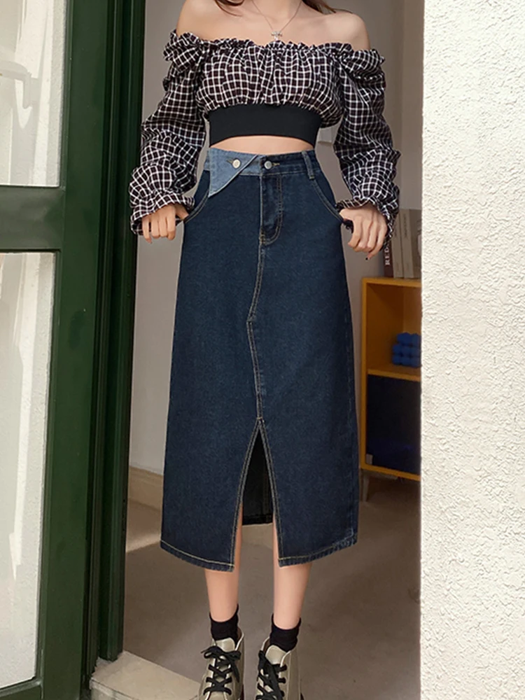 

Ailegogo Summer Women Vintage High Waist Asymmetrical Mid-calf Split Blue Denim Skirt Casual Female Loose A-line Jeans Skirts