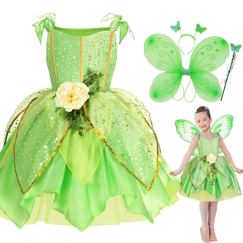 Fairy Costume for Girls 2023 Disney Princess Tinker Bell Dress with Wings Headband Wand Toddler Fancy Birthday Party Gowns