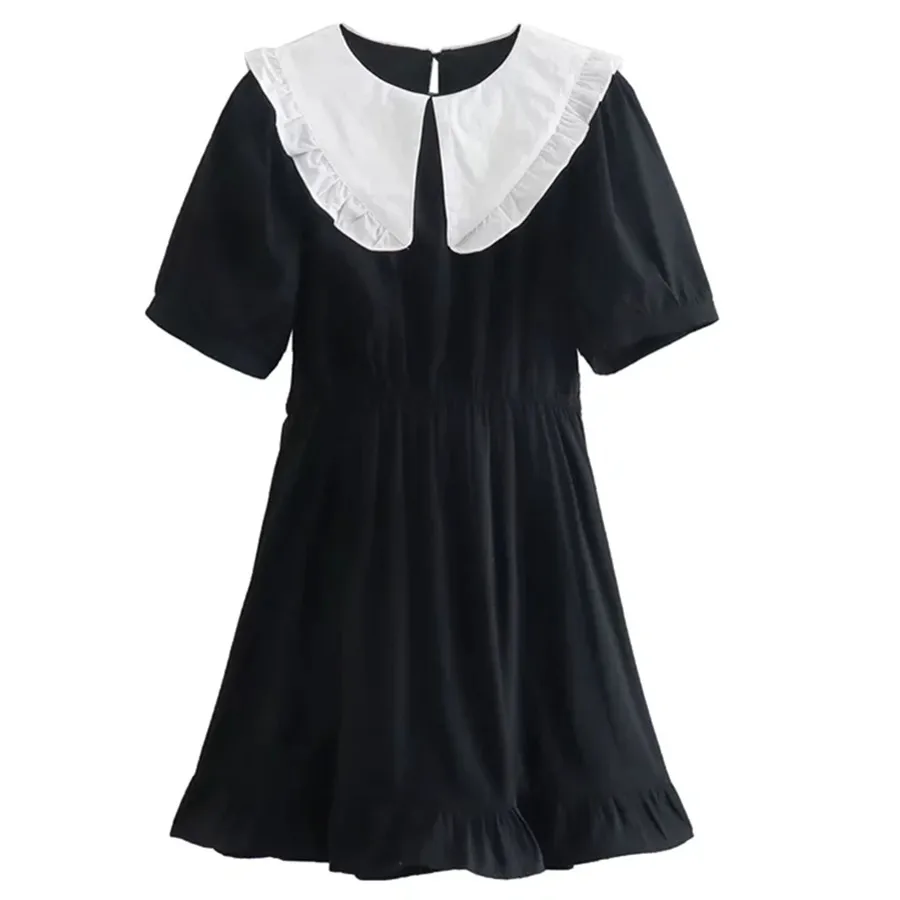 

Dave&Di 2022 Fashion Summer Dress France Style Vintage Patchwork Color Contrast Peter Pan Collar Cotton Party Mini Dress Women