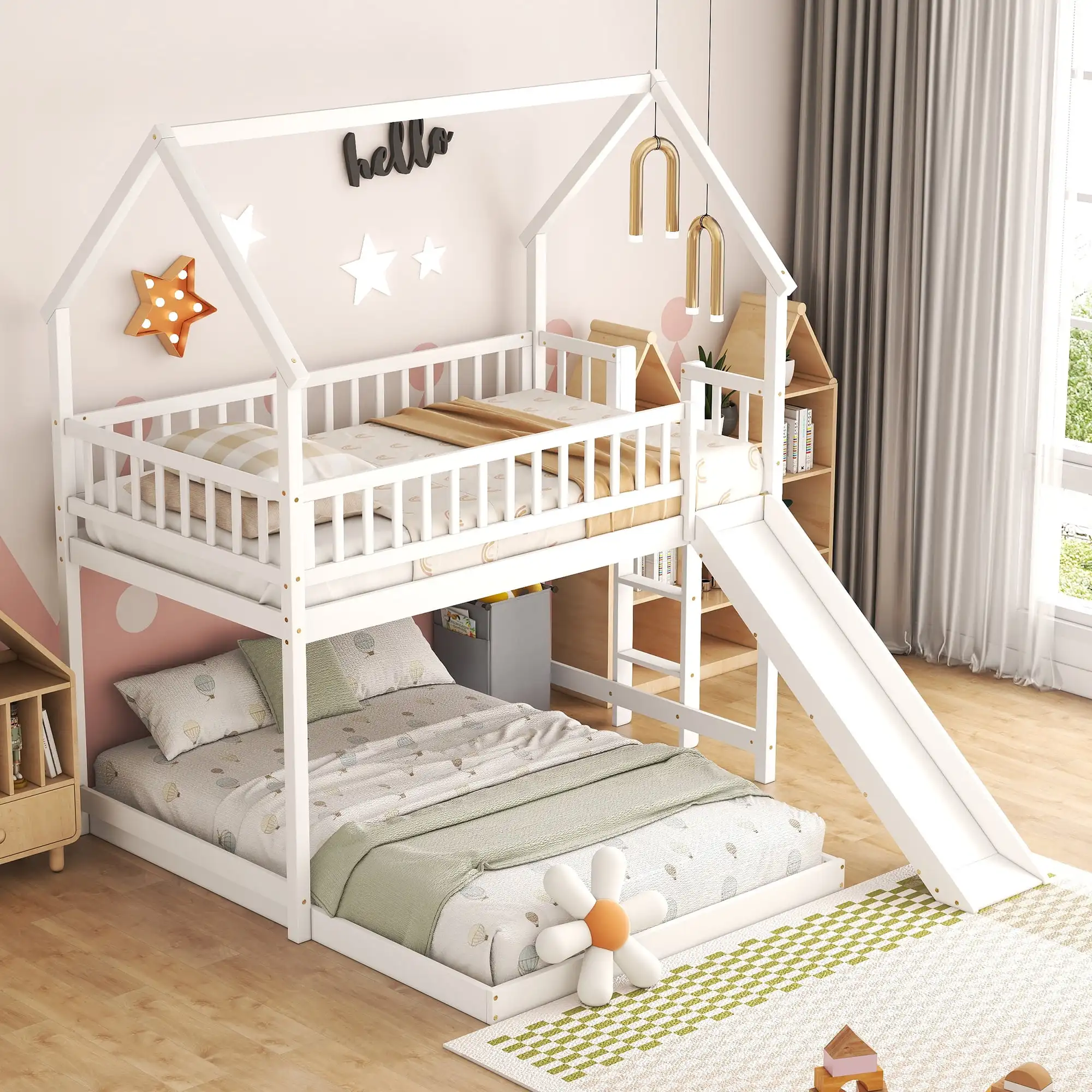 

Twin over Full House Bunk Bed with Slide and Built-in Ladder