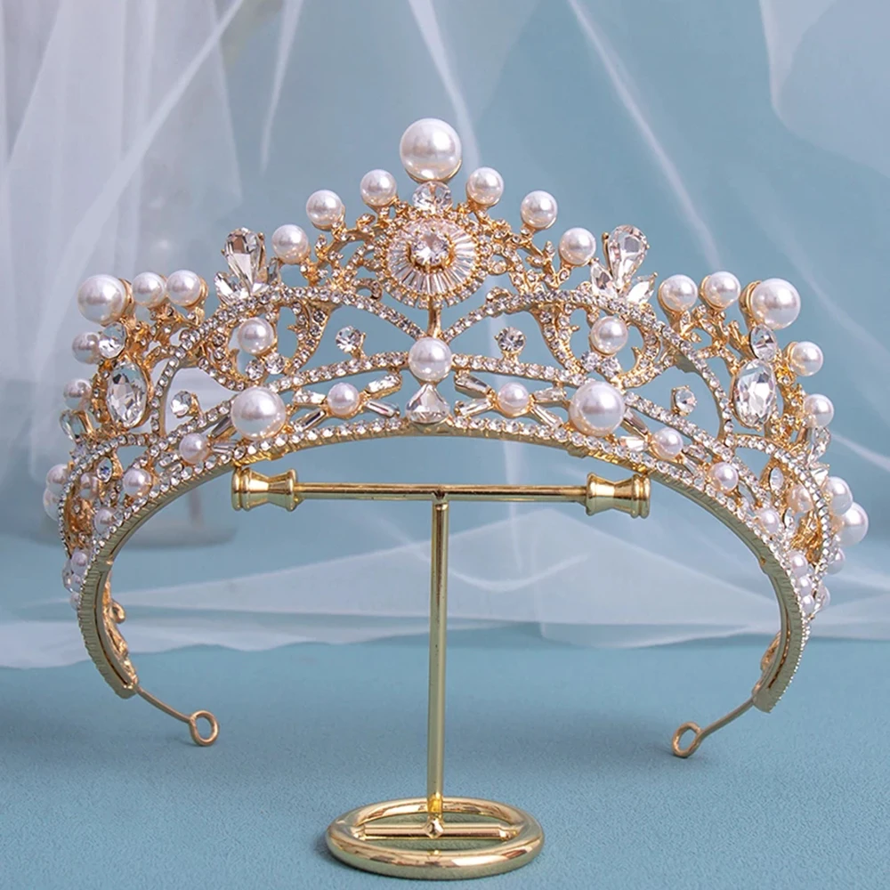 

Gold Color Metal Big Crowns for Bride Wedding Princess Pageant Diadem Pearls Rhinestone Tiaras Headbands for Women Girls