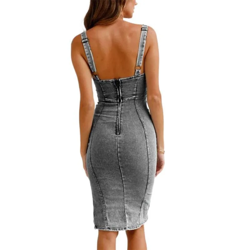 

Irregular elastic wash denim dress with sling slits