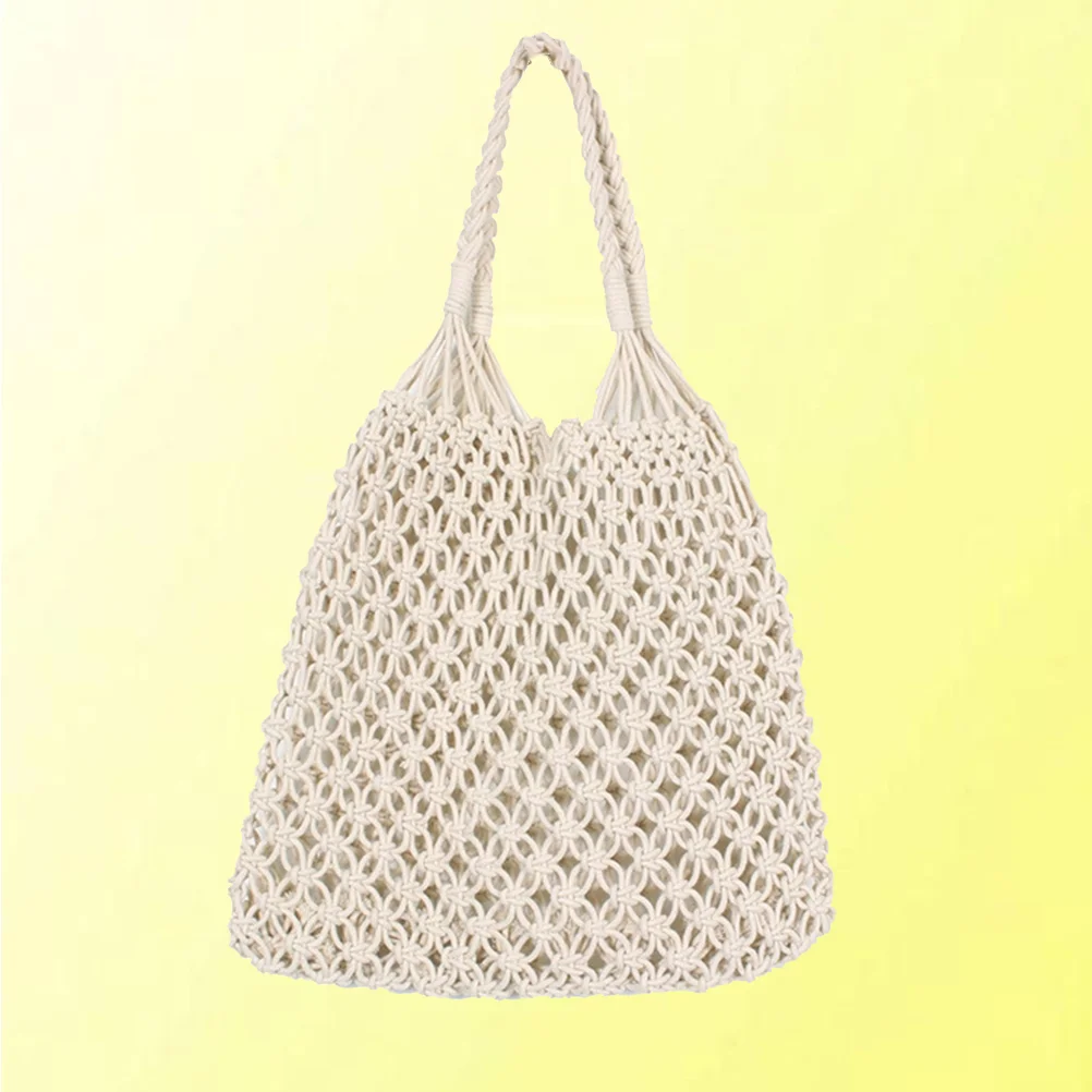 

Beach Mesh Knitted Tote Woven Women Cotton Straw Shoulder String Grocery Shopping Purse Travel Handbag White Reusable Packable