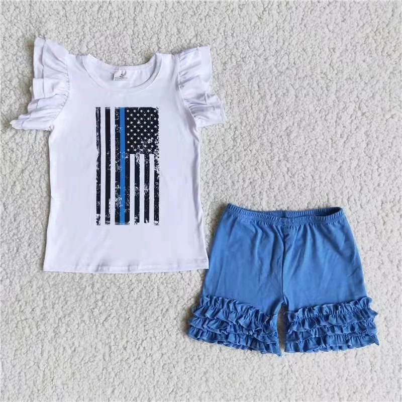 

new style white short sleeve print top and blue shorts girl 2 pcs outfit children clothing set kids summer clothes set