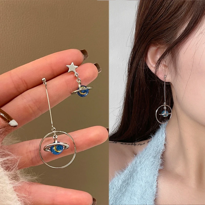 

Star Earth Tassel Earrings Dangle Asymmetric Moon Pendant For Women Korean Charm Luxury Jewelry 2022 New Trendy Gift Earring