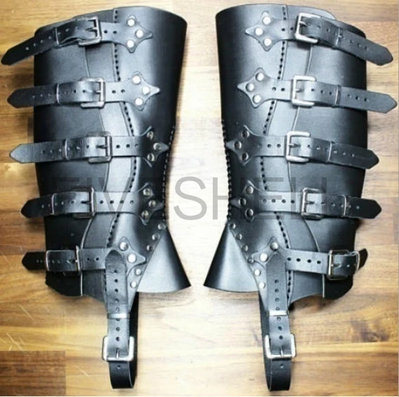 Halloween Medieval Viking Renaissance Greaves Boots Shoes Cover Leather Leg Armor Larp Warrior Knight Costume Strap Puttees images - 6