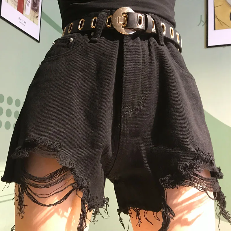 

Women's High Waist Denim Shorts Ripped Hollow Out Hole Streetwear Plus Size S-5XL Black Blue Jean Shorts 2022 New Women Shorts