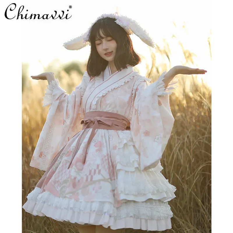 Japanese Style Lolita Loose Short Dress 2023 Spring and Autumn New Fashion High Waist Slimming Elegant Kawaii Dress for Women
