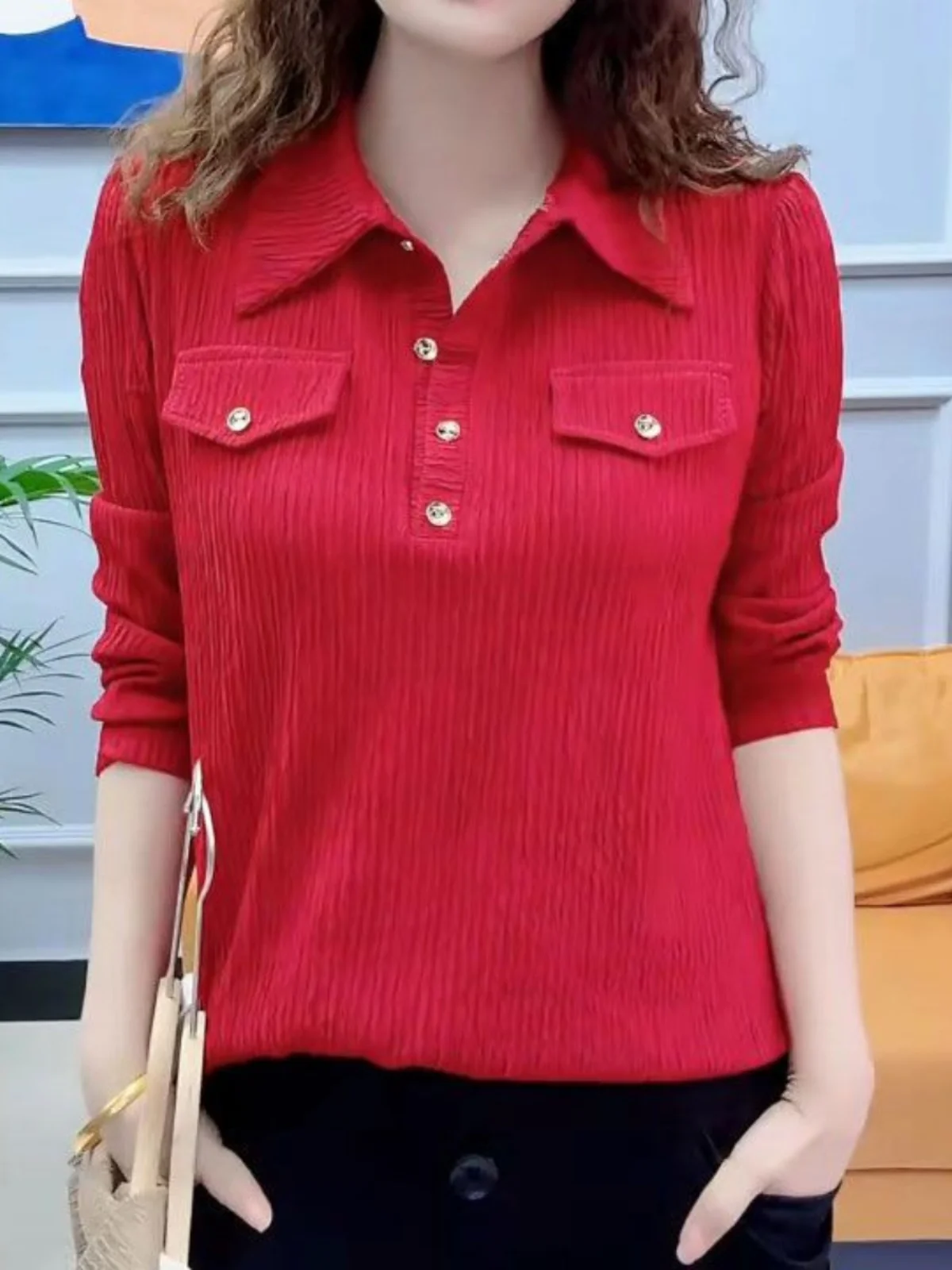 Элегантная универсальная однотонная рубашка с воротником-поло больших размеров